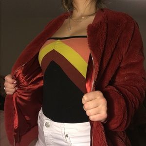 red fuzzy bomber jacket with silk interior